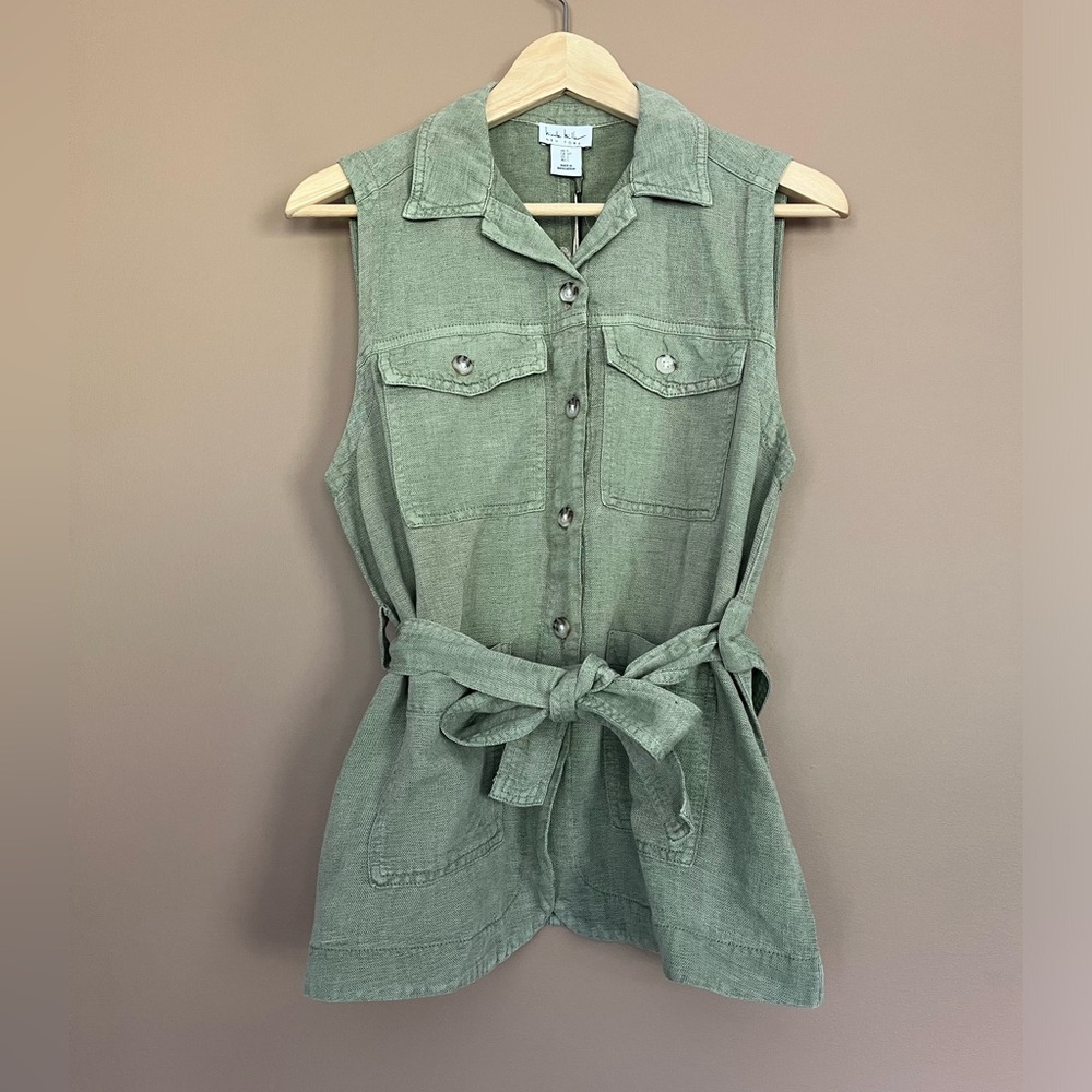 {Nicole Miller} Linen Blend Utility vest with Tie Belt in Green - Womens Small